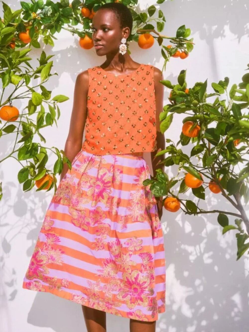 NWT Lilly Pulitzer Lauderdale Midi Skirt “Papaya Metallic Floral Stripe” Size 00 - Picture 2 of 6